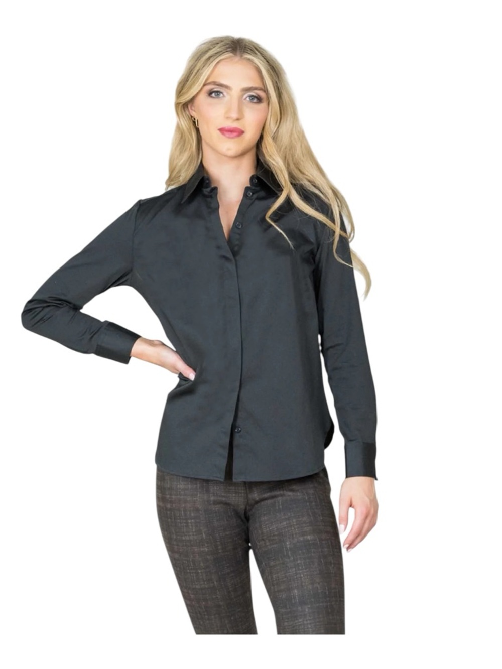 Lisette L Montreal Black Button Down Blouse Medium Stretch Cotton Shirt NWT